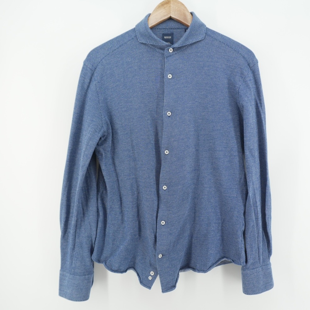 Boggi Milano Button Down Mens M Blue Exclusive Italian Fabric Textured Knit